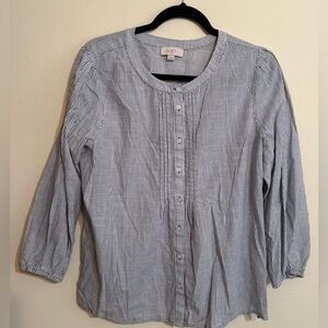 LOFT Navy and White Pinstripe Button-Up Top elastic sleeves size L